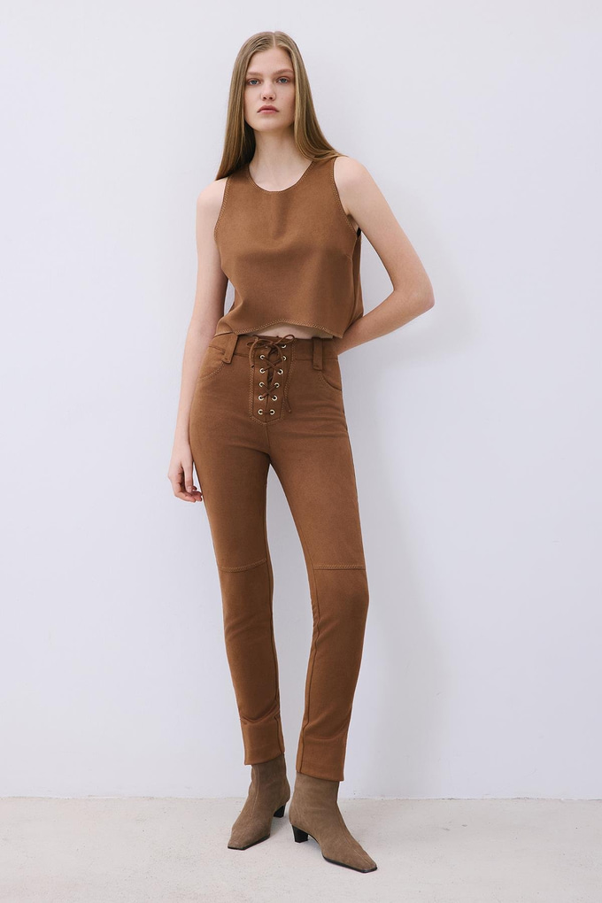 Brown Suede Crop Blouse with Contrast Stitch