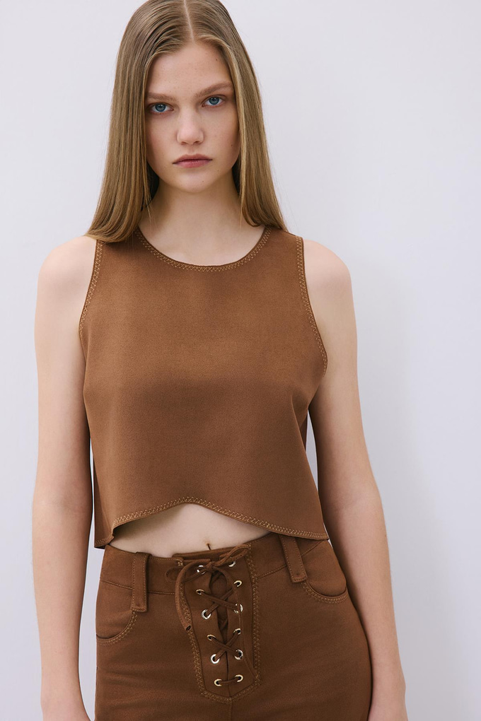Brown Suede Crop Blouse with Contrast Stitch