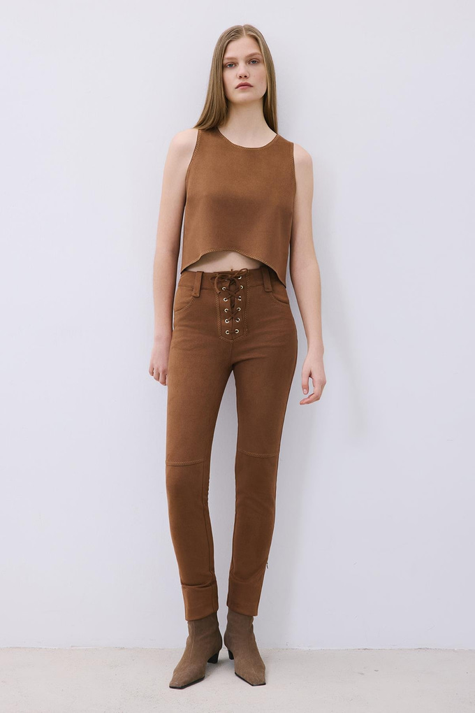 Brown Suede Crop Blouse with Contrast Stitch