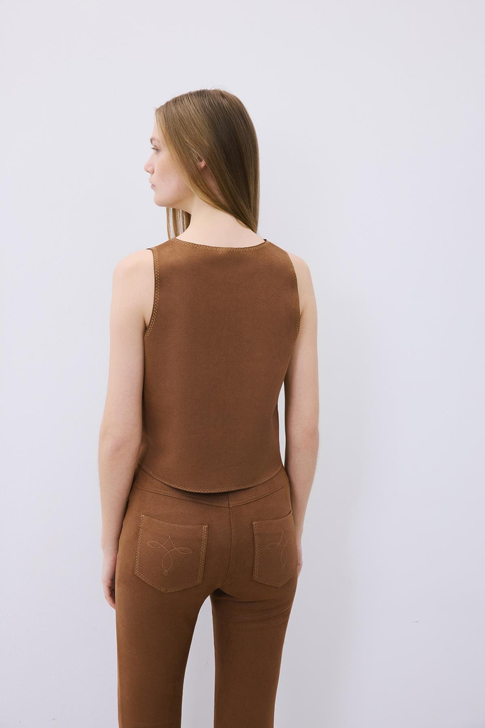 Brown Suede Crop Blouse with Contrast Stitch