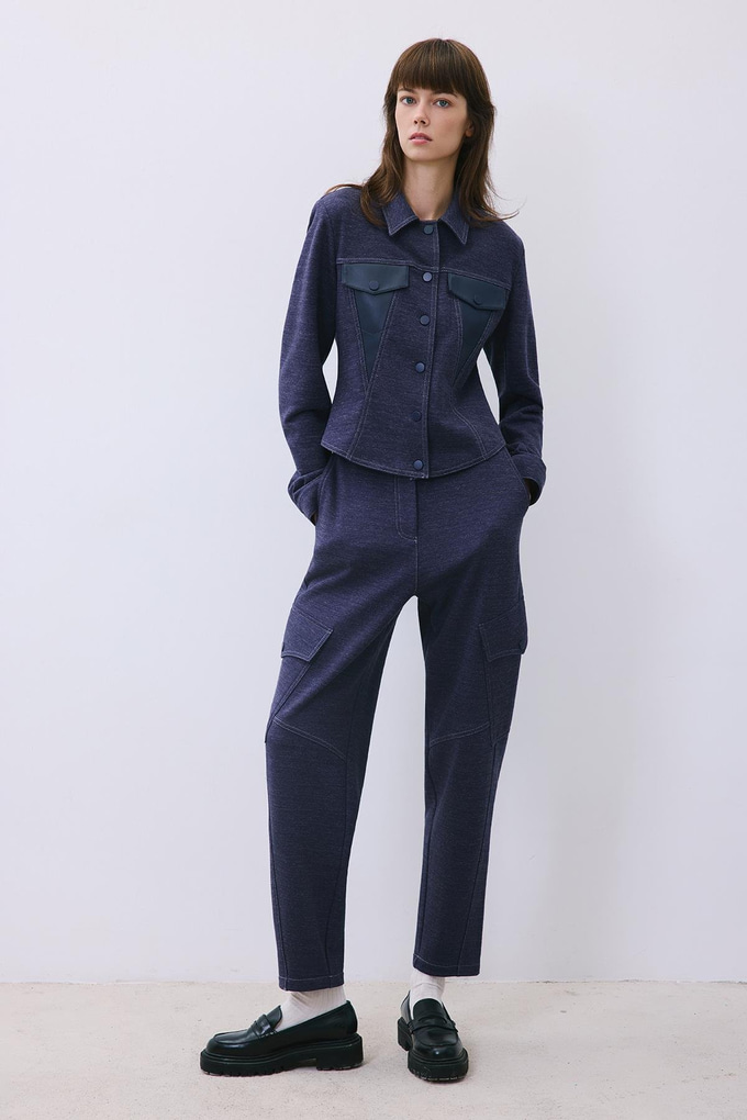 Indigo Knit Shirt with Faux Leather Detail