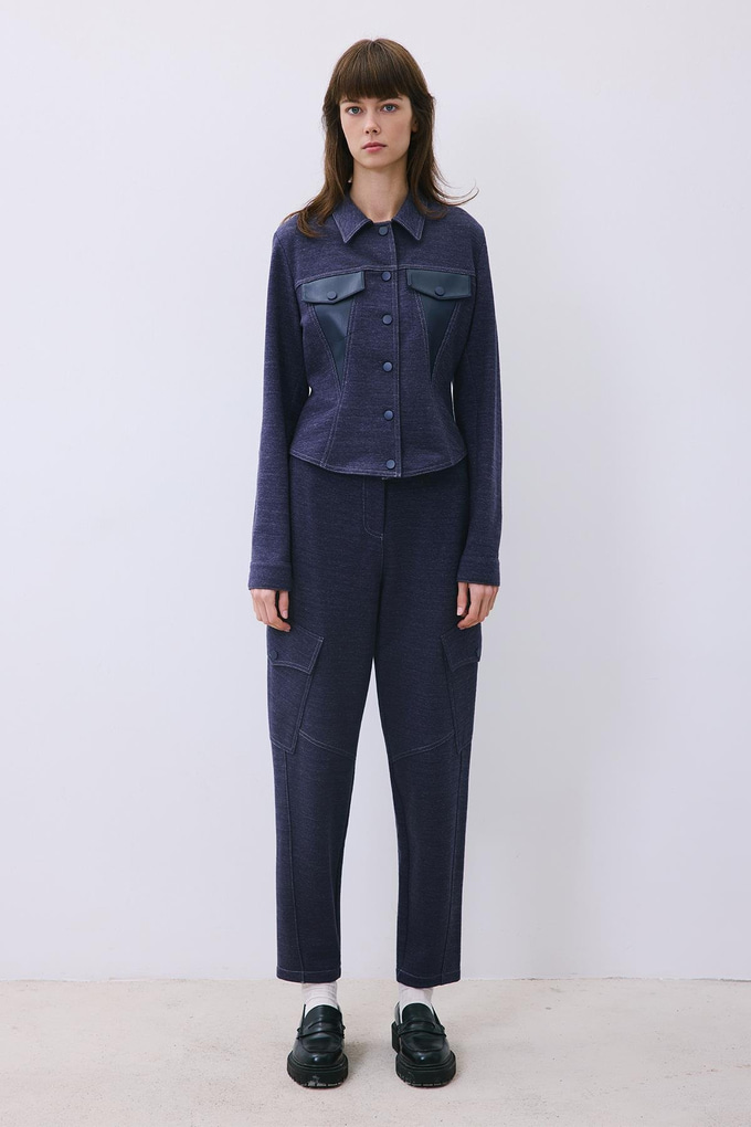 Indigo Knit Shirt with Faux Leather Detail