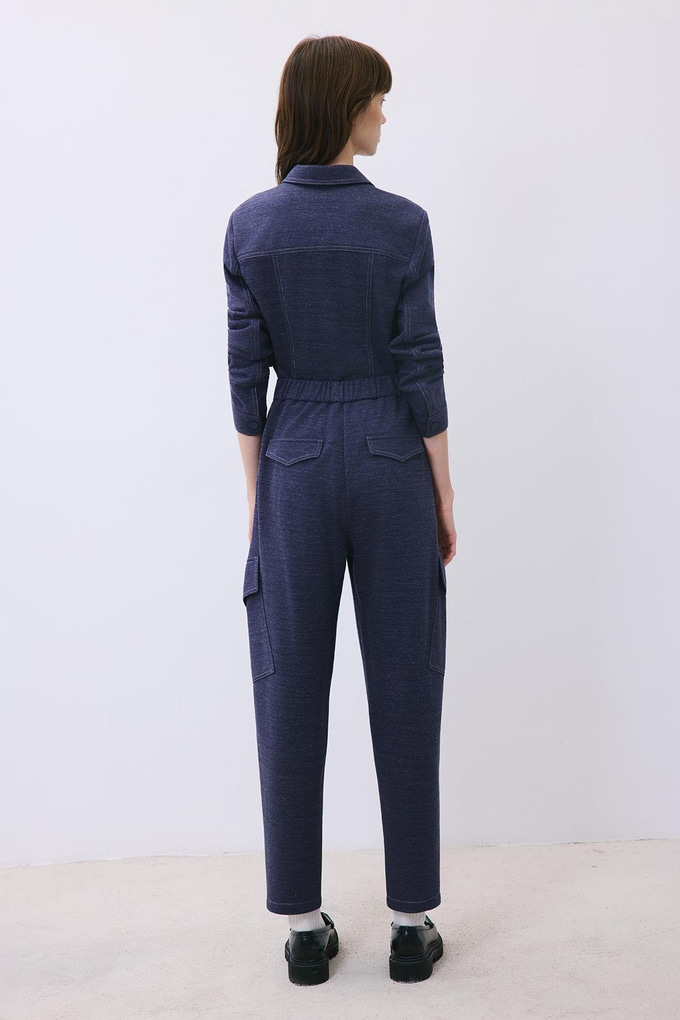 Indigo Knit Relaxed Fit Pants with Faux Leather Detail