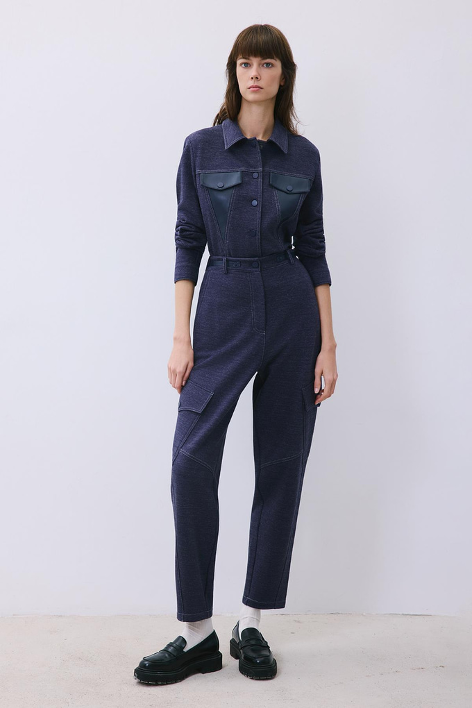 Indigo Knit Relaxed Fit Pants with Faux Leather Detail