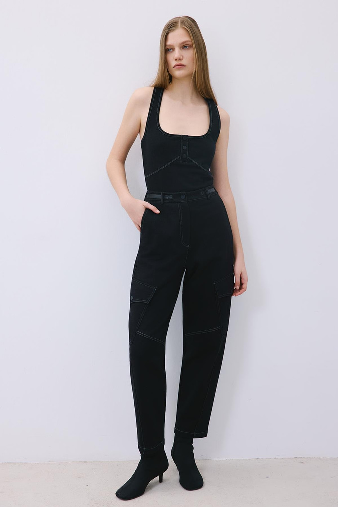 Black Knit Relaxed Fit Pants with Faux Leather Detail