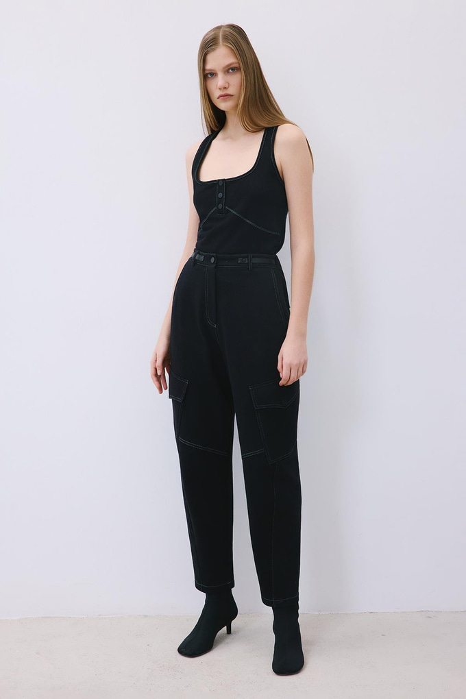 Black Knit Relaxed Fit Pants with Faux Leather Detail