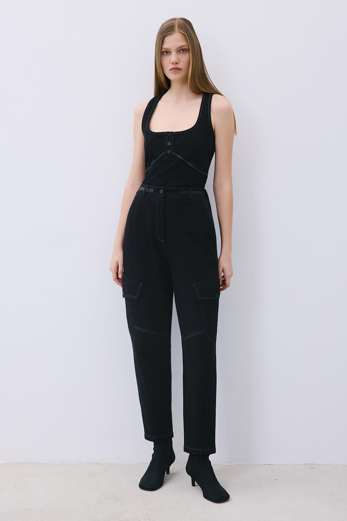Black Knit Relaxed Fit Pants with Faux Leather Detail