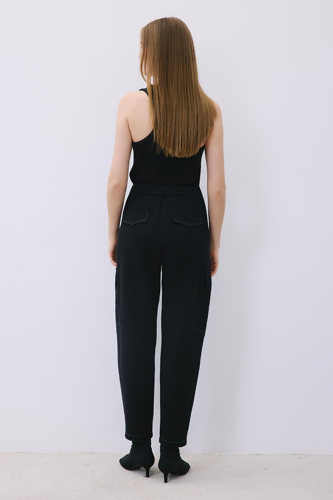Black Knit Relaxed Fit Pants with Faux Leather Detail