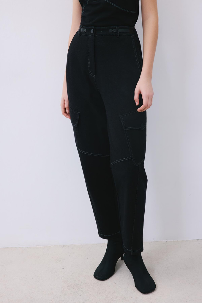 Black Knit Relaxed Fit Pants with Faux Leather Detail