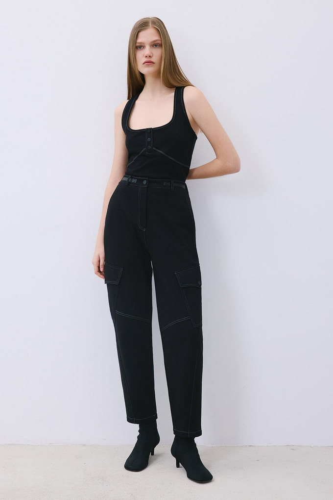 Black Knit Relaxed Fit Pants with Faux Leather Detail