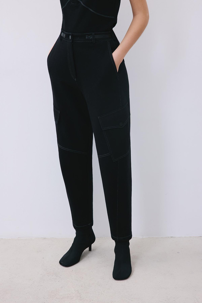 Black Knit Relaxed Fit Pants with Faux Leather Detail