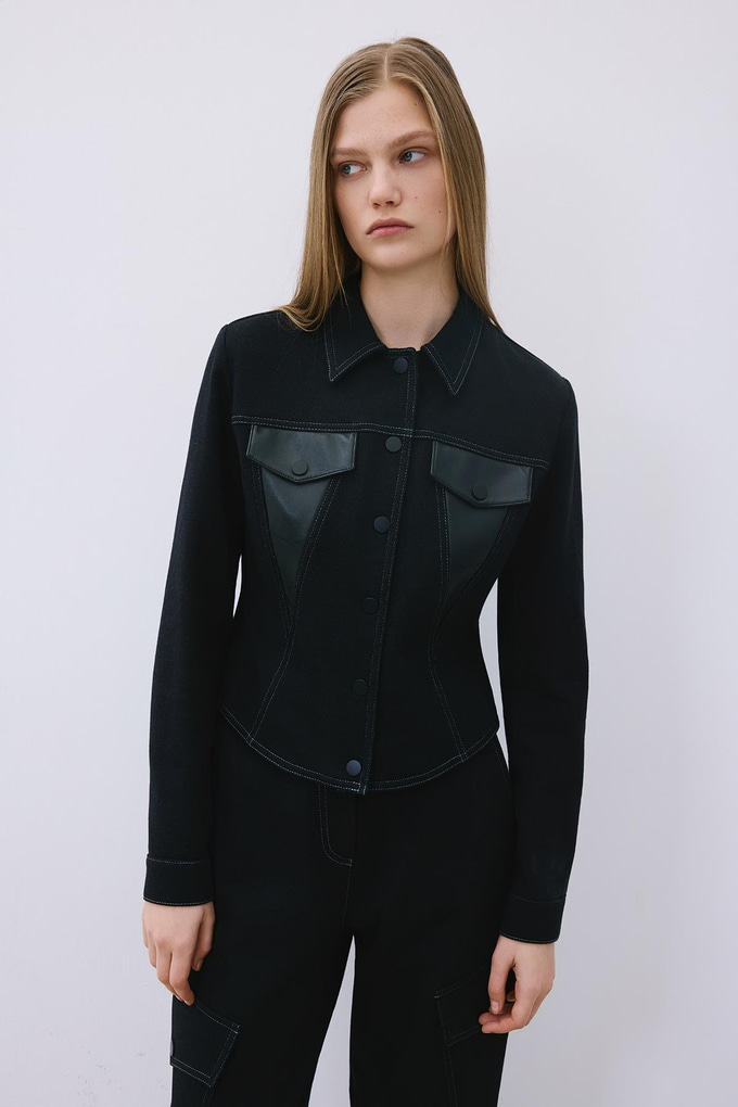 Black Knit Shirt with Faux Leather Detail