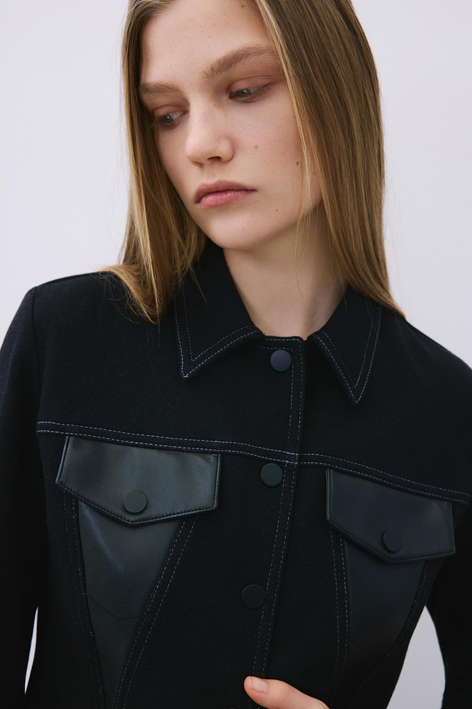 Black Knit Shirt with Faux Leather Detail
