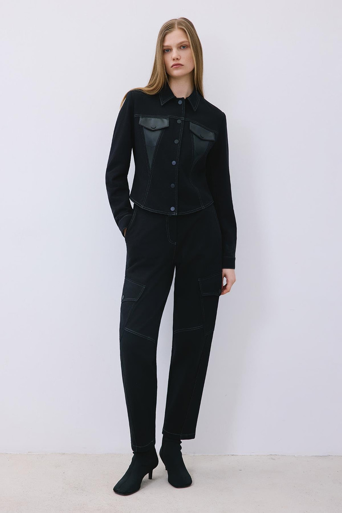 Black Knit Shirt with Faux Leather Detail