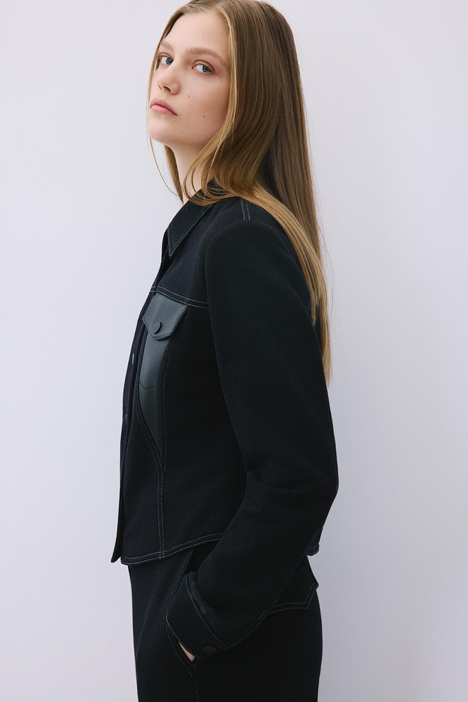 Black Knit Shirt with Faux Leather Detail