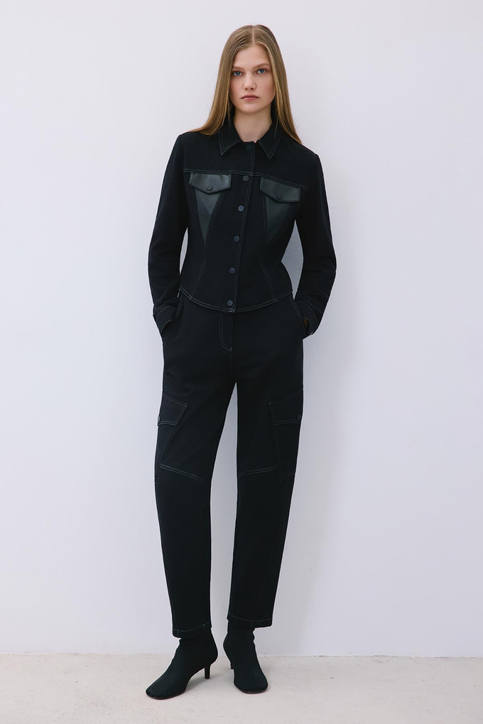 Black Knit Shirt with Faux Leather Detail