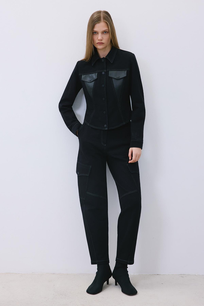 Black Knit Shirt with Faux Leather Detail