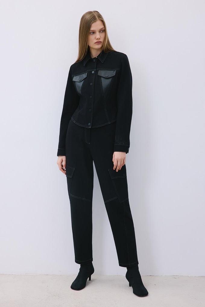 Black Knit Shirt with Faux Leather Detail