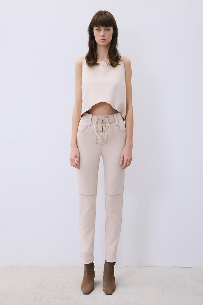 Beige Suede Slim Fit Pants with Stitch Details
