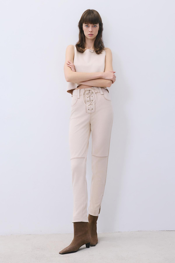 Beige Suede Slim Fit Pants with Stitch Details