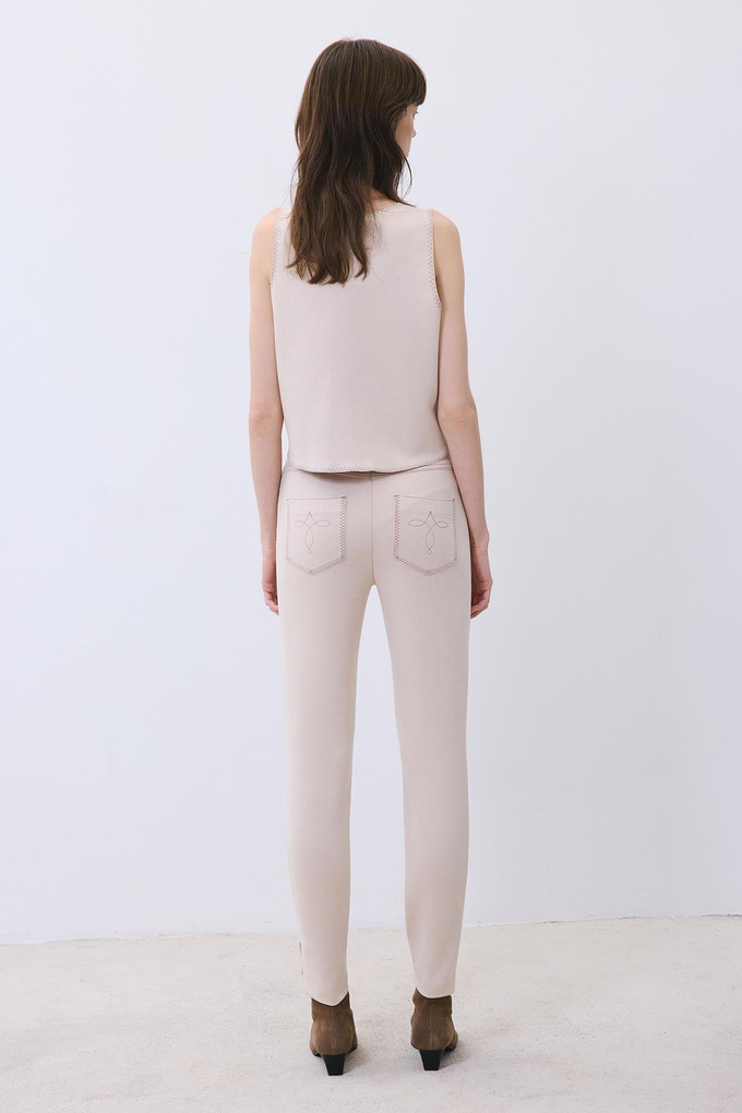 Beige Suede Slim Fit Pants with Stitch Details