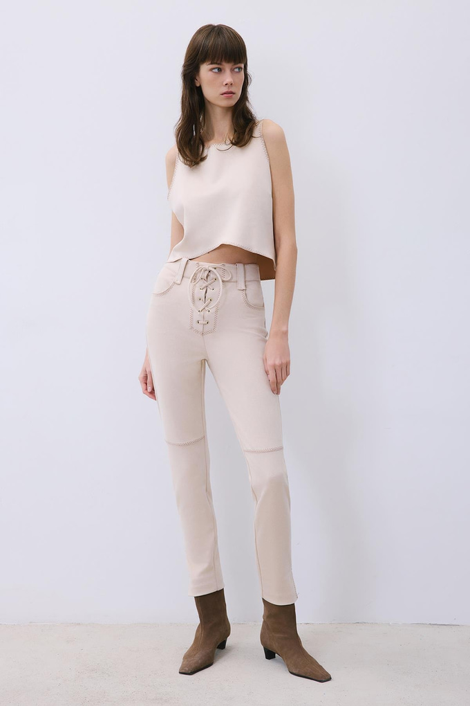 Beige Suede Slim Fit Pants with Stitch Details