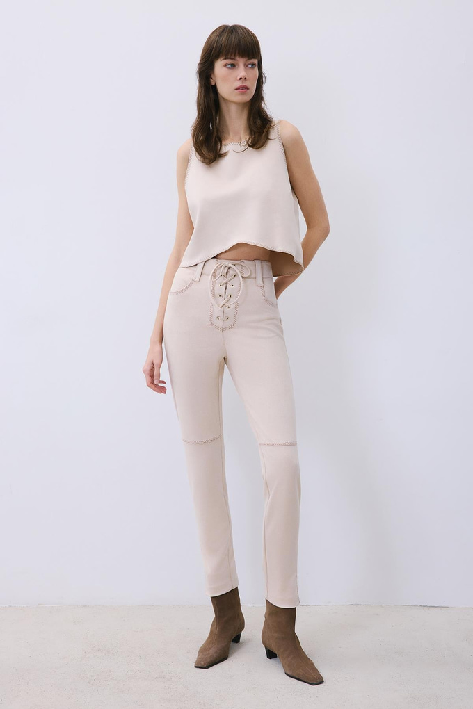Beige Suede Slim Fit Pants with Stitch Details