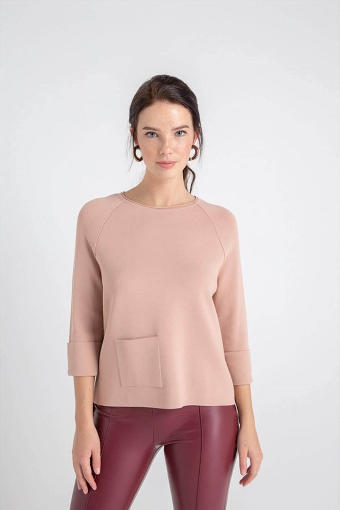 Tek Cepli Reglan Kol Triko Pudra Renk