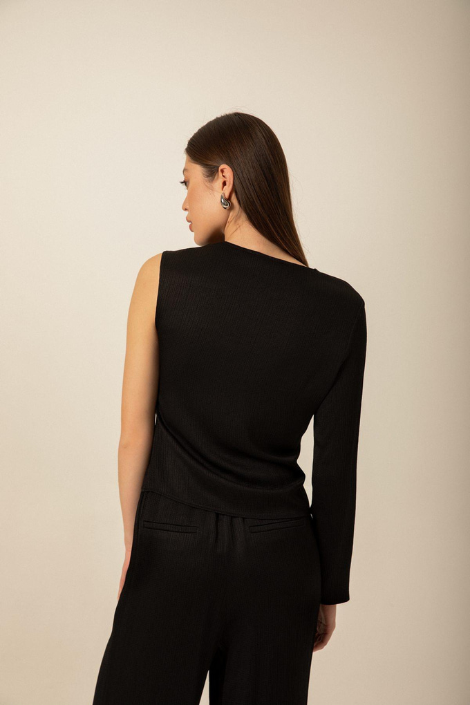 Single Sleeve Crinkle Textured Brown Blouse