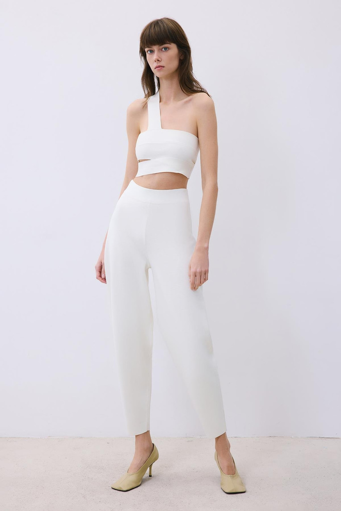 Ecru Knit One-Shoulder Bandeau Top