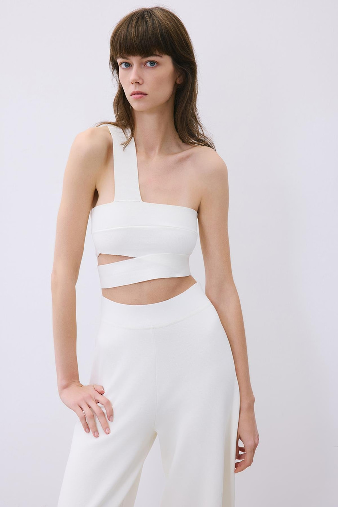 Ecru Knit One-Shoulder Bandeau Top