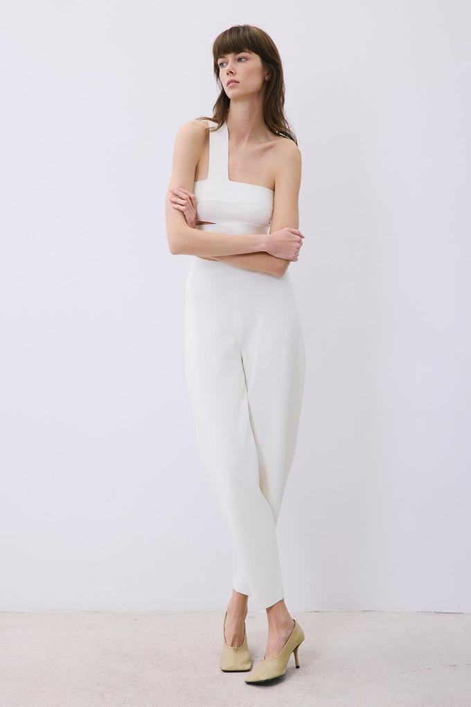 Ecru Knit One-Shoulder Bandeau Top