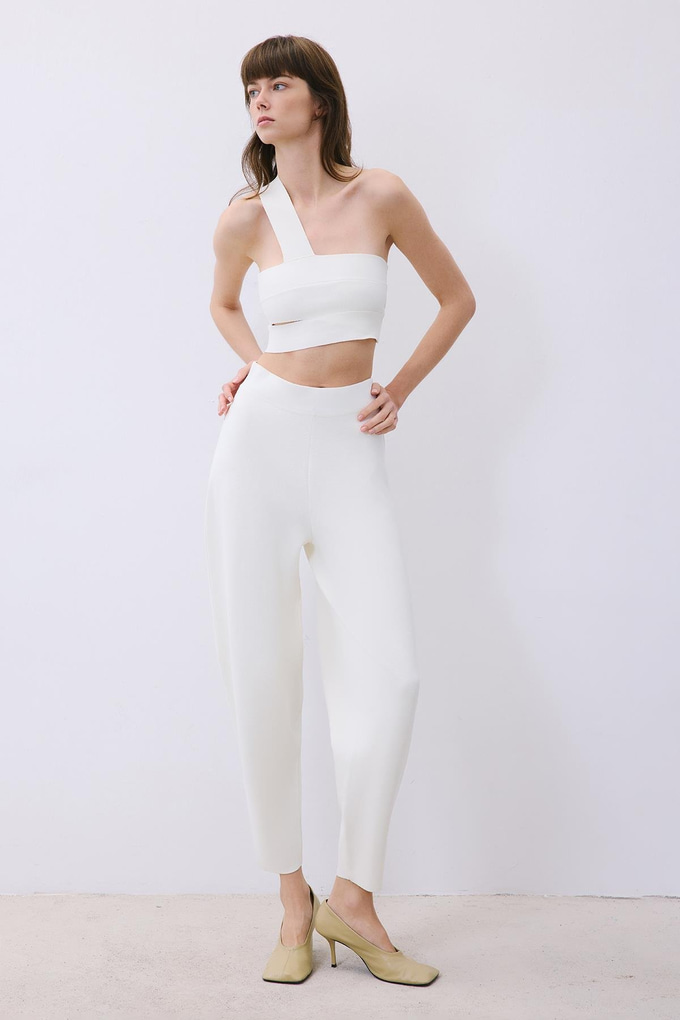 Ecru Knit One-Shoulder Bandeau Top