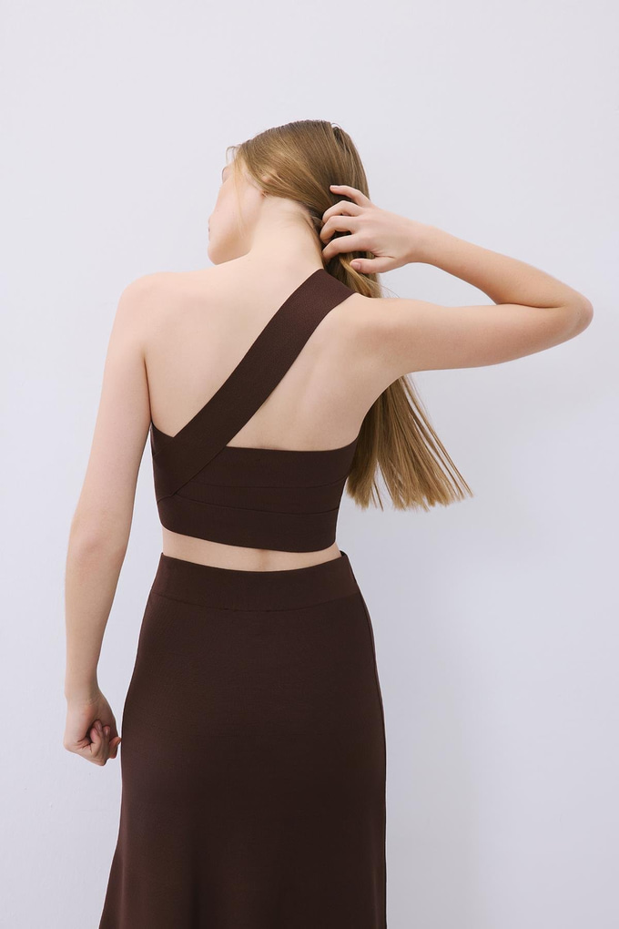 Brown Knit One-Shoulder Bandeau Top