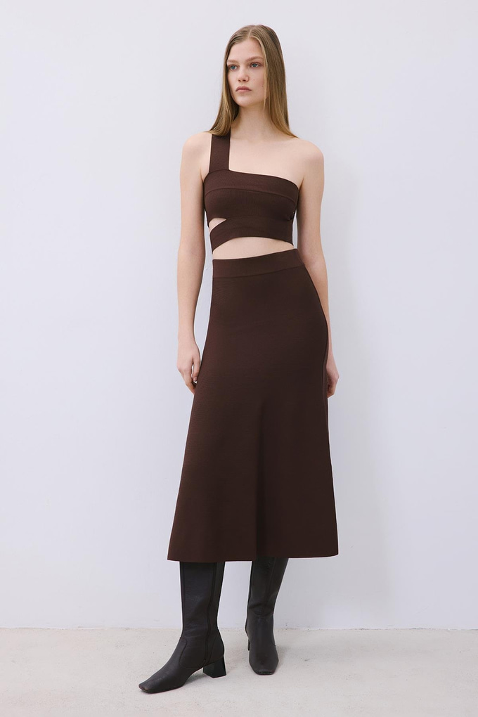 Brown Knit One-Shoulder Bandeau Top