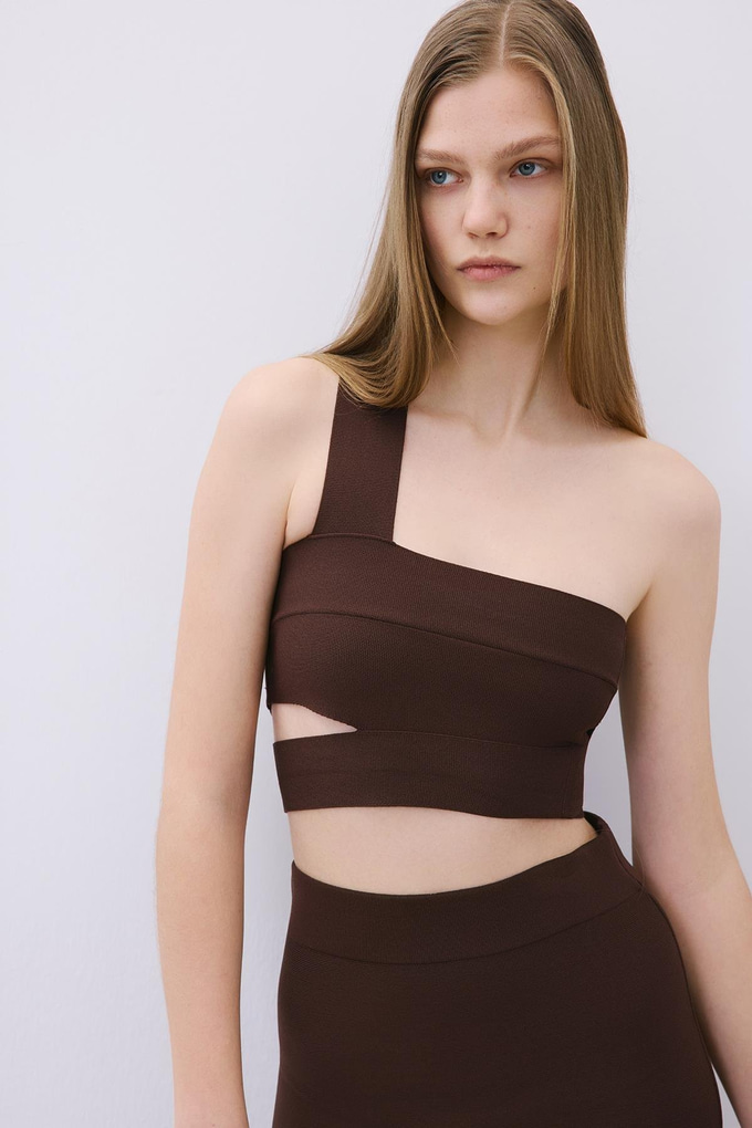 Brown Knit One-Shoulder Bandeau Top