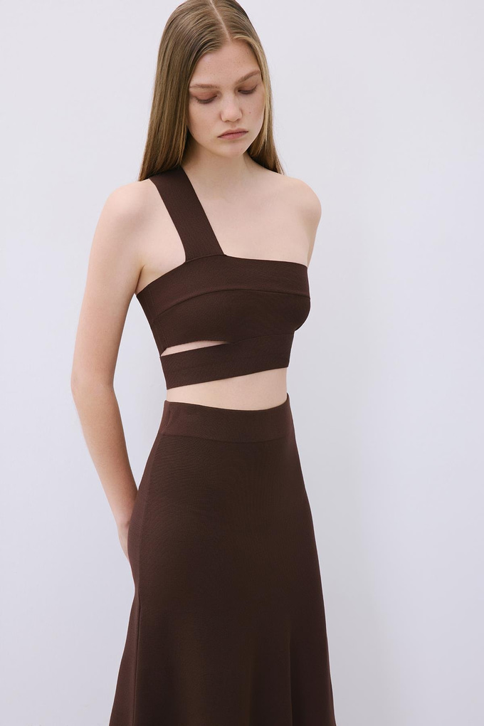 Brown Knit One-Shoulder Bandeau Top