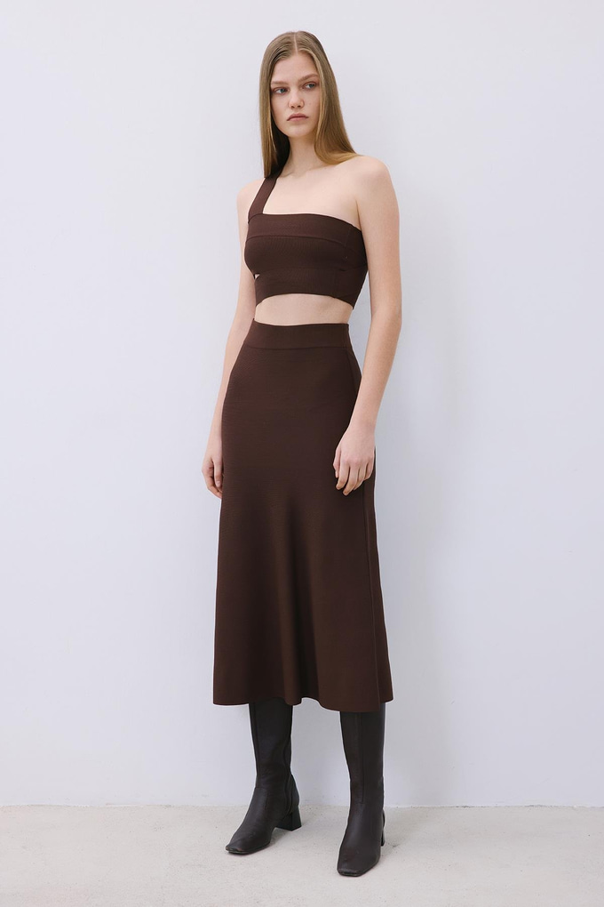 Brown Knit One-Shoulder Bandeau Top