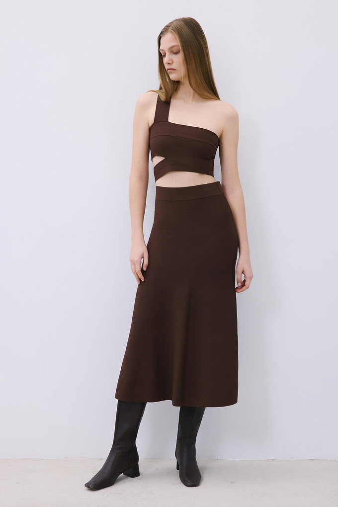 Brown Knit One-Shoulder Bandeau Top