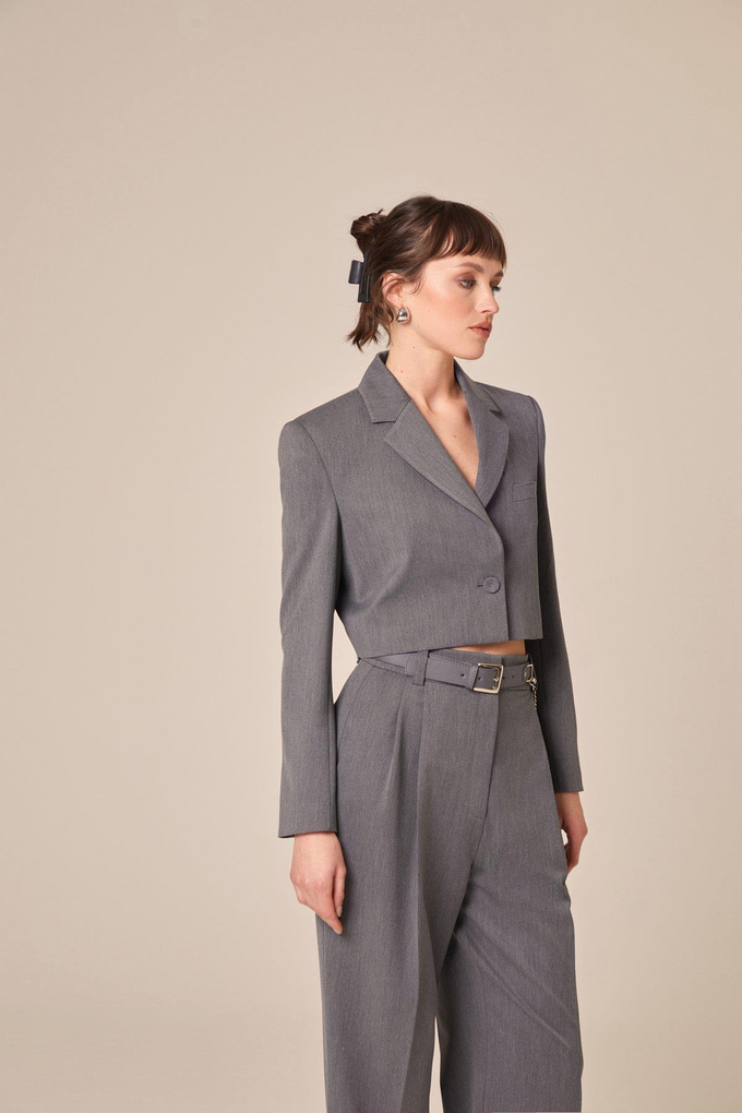 Uzun Kollu Gri Crop Ceket