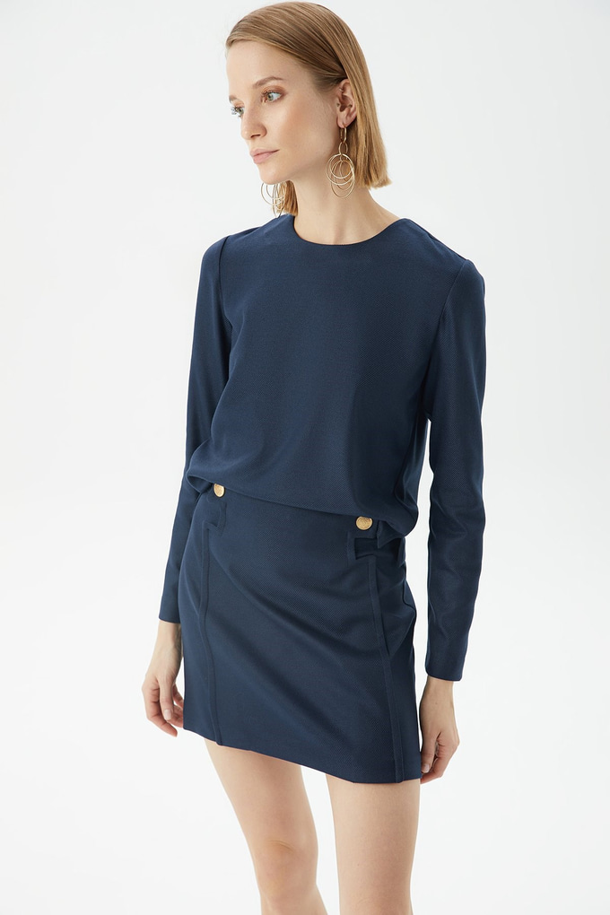 Uzun Kollu Lacivert Basic Bluz