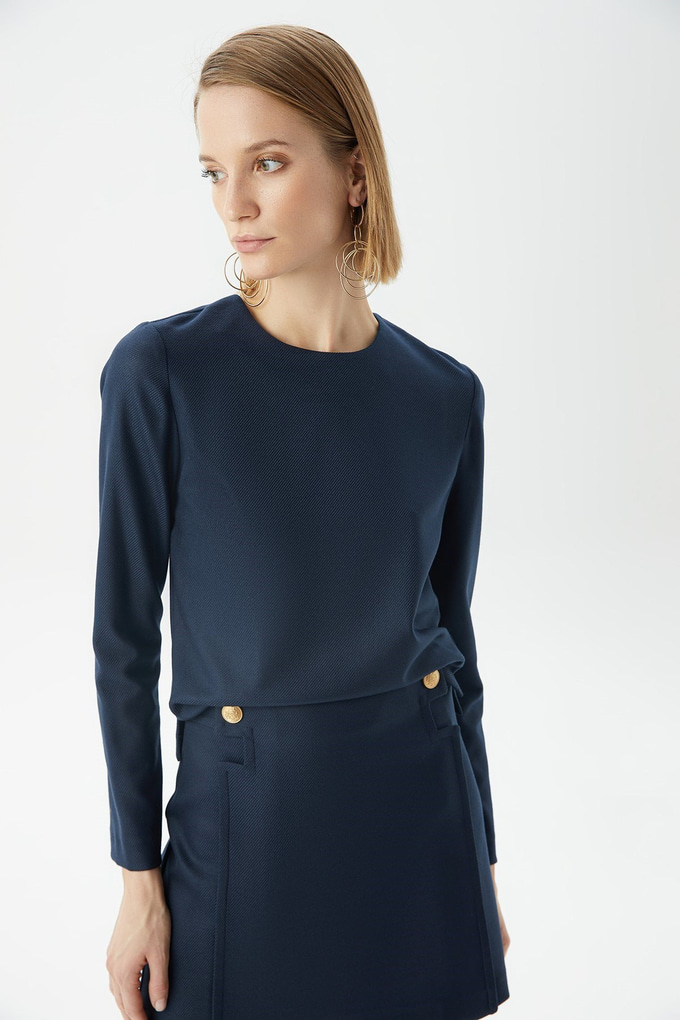Uzun Kollu Lacivert Basic Bluz