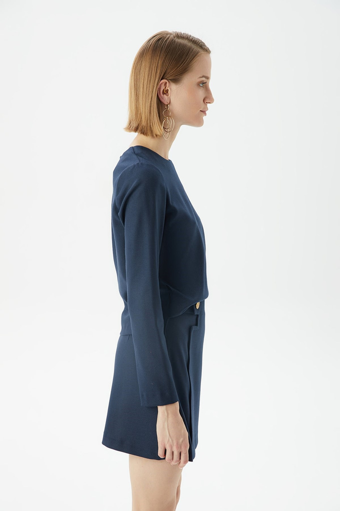 Uzun Kollu Lacivert Basic Bluz