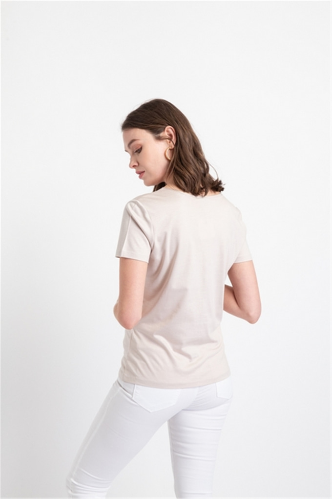 V Yaka Basic T-Shirt Bej