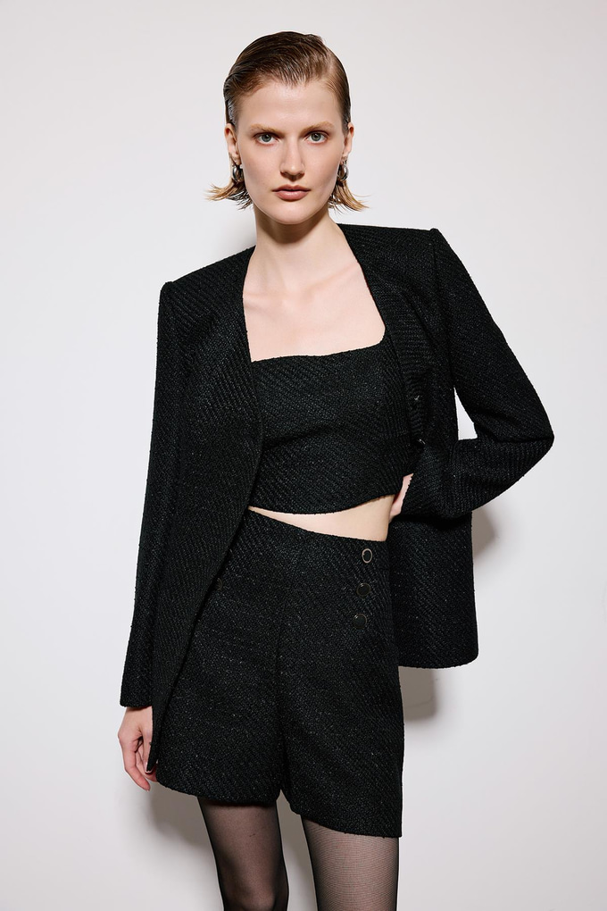 V Yaka Uzun Kollu Siyah Tüvit Ceket