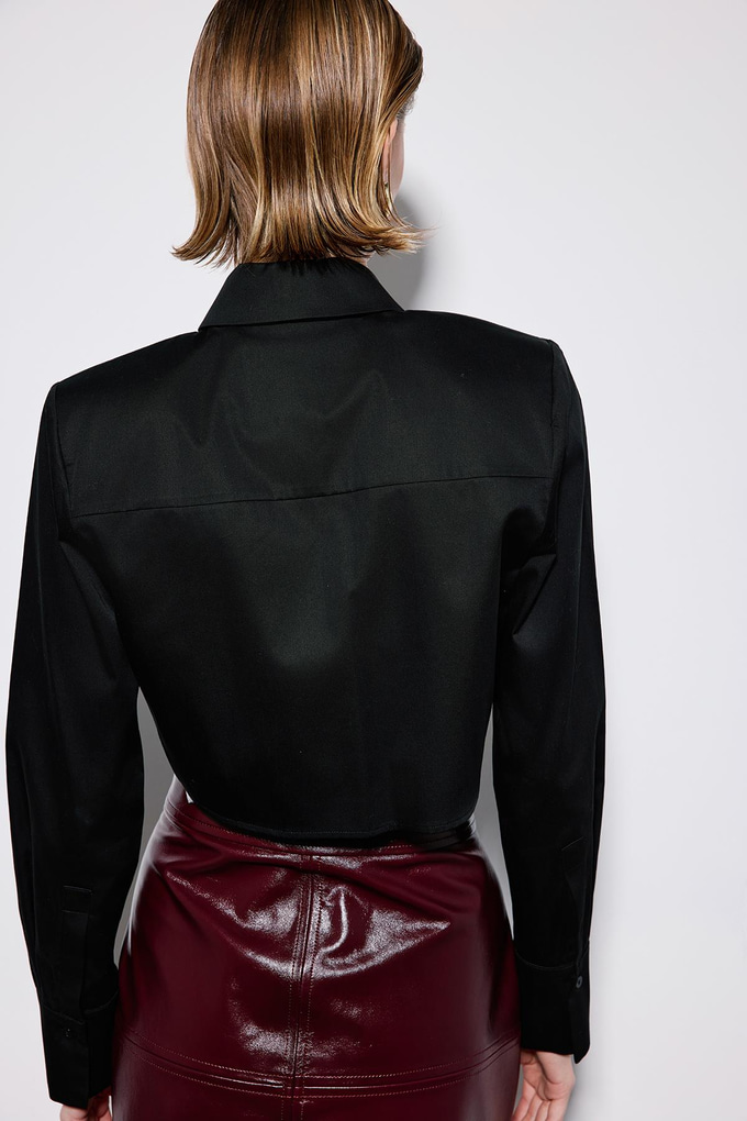 Black Poplin Long Sleeve Shirt With Shoulder Pads