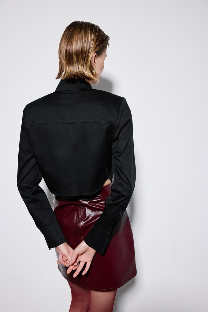 Black Poplin Long Sleeve Shirt With Shoulder Pads
