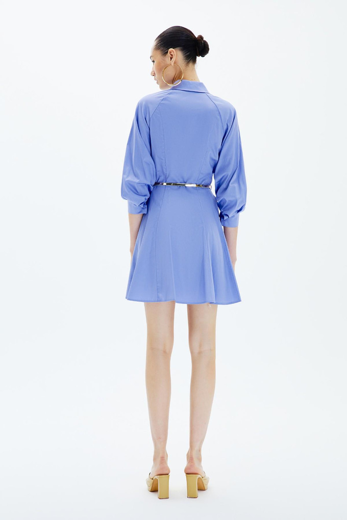 Volanlı Kemerli İndigo Gömlek Elbise