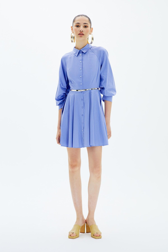 Volanlı Kemerli İndigo Gömlek Elbise