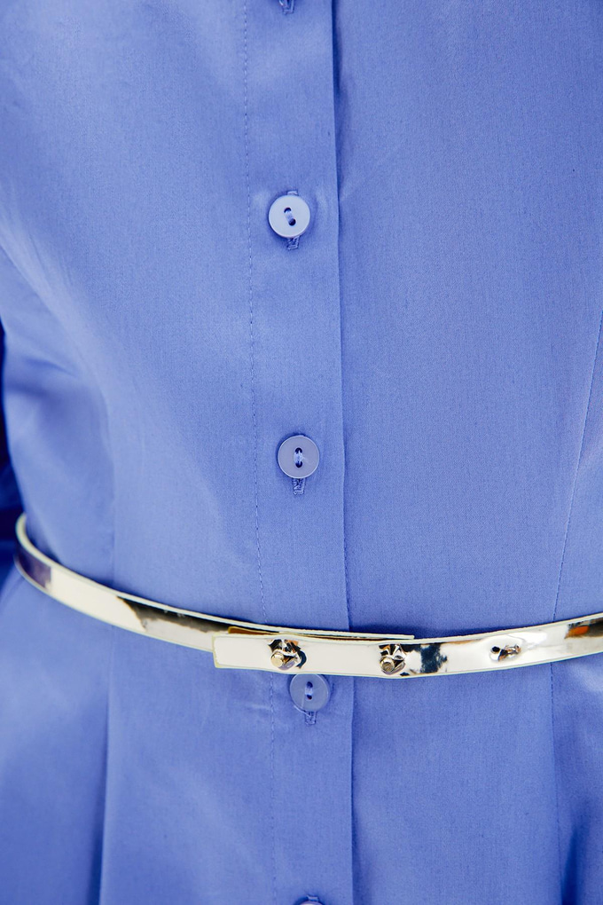 Volanlı Kemerli İndigo Gömlek Elbise